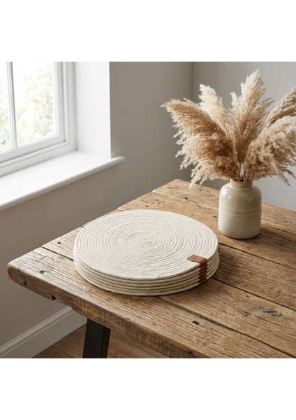 6 Adet Hasır Ekru Yuvarlak Jüt Görünümlü Amerikan Servis - Lux Örgü Supla Seti (32CM)