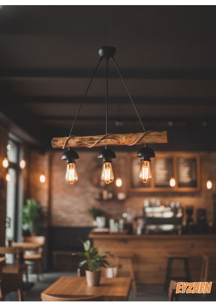 Doğal Ahşap , 3 Lü Eskitme Sarkıt El Yapımı Ahşap Avize Kafe Ev Balkon Ofis Dekoru