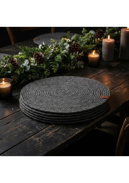 6 Adet Hasır Antrasit Yuvarlak Jüt Görünümlü Amerikan Servis - Lux Örgü Supla Seti (32CM)