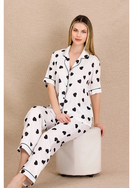 Lady Yakalı Beyaz Saten Pijama Takımı