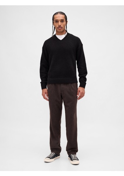 Erkek Koyu Kahverengi Yün Karışımlı Relaxed Straight Pantolon