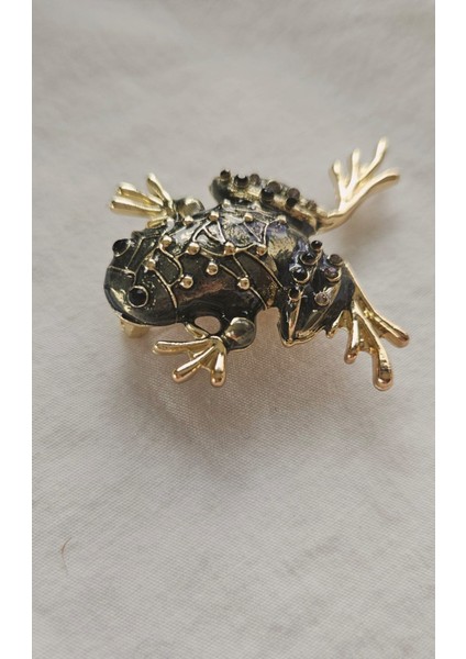 Taşlı Yeşil Kurbağa Üç Boyutlu Broş-Yaka Iğnesi-Çanta Aksesuar