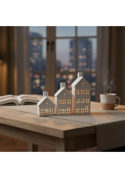 Seramik 3'lü Set Ev Figürlü Dekoratif Mumluk Beyaz