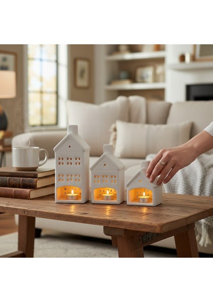 Seramik 3'lü Set Ev Figürlü Dekoratif Mumluk Beyaz fiyatları