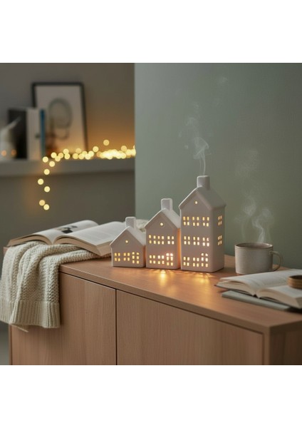 Seramik 3'lü Set Ev Figürlü Dekoratif Mumluk Beyaz modelleri