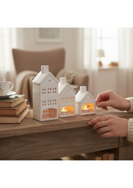 Seramik 3'lü Set Ev Figürlü Dekoratif Mumluk Beyaz fırsatları