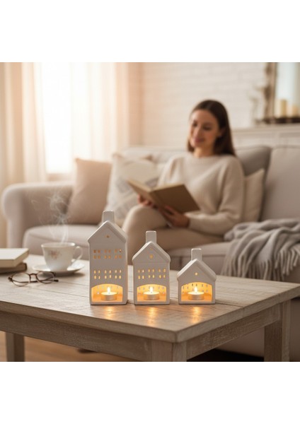 Seramik 3'lü Set Ev Figürlü Dekoratif Mumluk Beyaz indirimleri