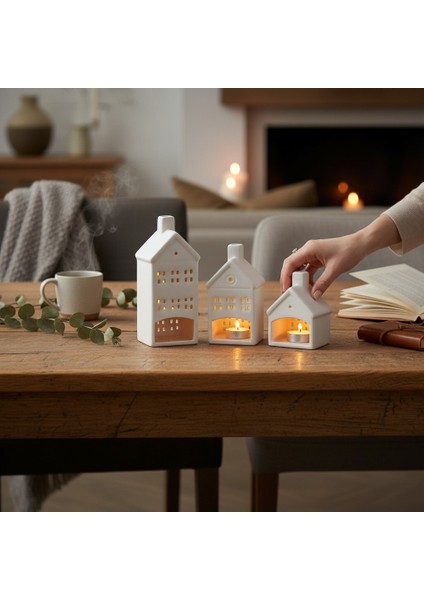 Seramik 3'lü Set Ev Figürlü Dekoratif Mumluk Beyaz