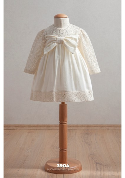 Kız Bebek Ekru Dantel Kollu ve Fiyonk Süslemeli Elbise