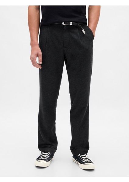 Erkek Siyah Yün Karışımlı Relaxed Straight Pantolon