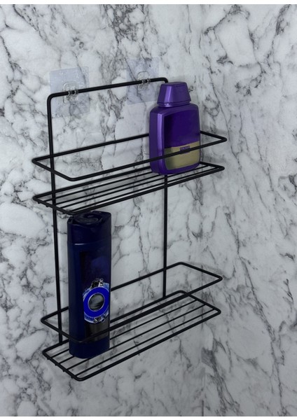 Iki Katlı Güçlü Siyah Yapışkanlı Dikdörtgen Banyo Rafı