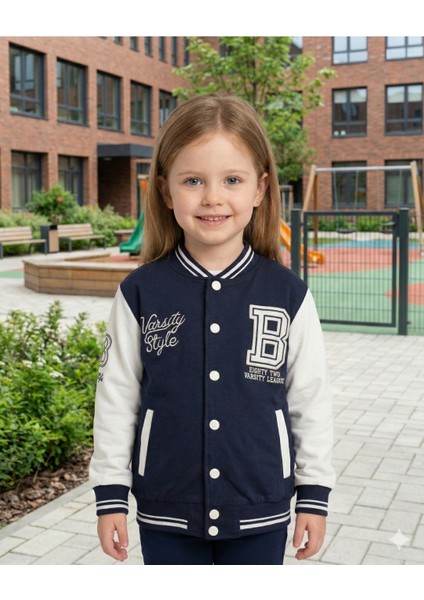 Asliva Çocuk Lacivert Beyaz Kolej Ceket Varsity Style B Harf Nakışlı Ceket (6-9 Yaş)