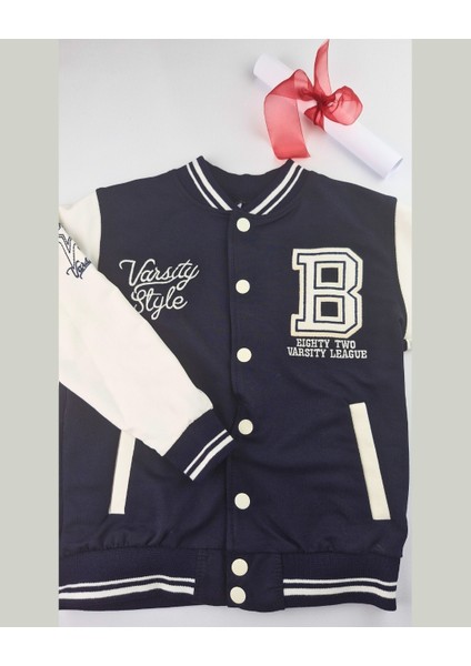 Asliva Çocuk Lacivert Beyaz Kolej Ceket Varsity Style B Harf Nakışlı Ceket (6-9 Yaş) fiyatları