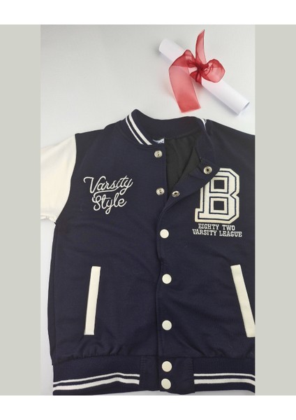 Asliva Çocuk Lacivert Beyaz Kolej Ceket Varsity Style B Harf Nakışlı Ceket (6-9 Yaş) modelleri