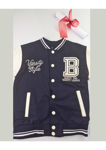 Asliva Çocuk Lacivert Beyaz Kolej Ceket Varsity Style B Harf Nakışlı Ceket (6-9 Yaş) indirimleri