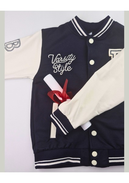 Asliva Çocuk Lacivert Beyaz Kolej Ceket Varsity Style B Harf Nakışlı Ceket (6-9 Yaş)
