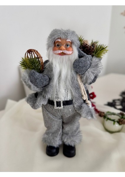 Beyaz Sakallı Noel Baba Figür Gri Ekose Elbiseli Süs Dekorasyon Biblo