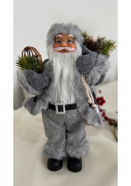 Beyaz Sakallı Noel Baba Figür Gri Ekose Elbiseli Süs Dekorasyon Biblo modelleri