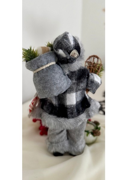 Beyaz Sakallı Noel Baba Figür Gri Ekose Elbiseli Süs Dekorasyon Biblo
