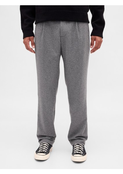 Erkek Gri Yün Karışımlı Relaxed Straight Pantolon