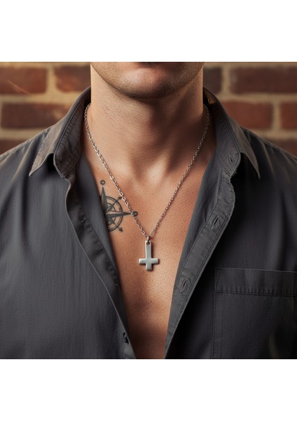Minimal Ters Haç Gümüş Kaplama Düz Zincir Kolye