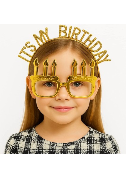 It&amp;#39;s My Birthday Yazılı Taç ve Mum Şekilli Gözlük Seti Altın Renk