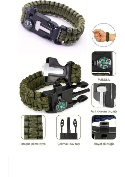 Düdük Pusula Çakmaktaşı Paraşüt Ipi Hayatta Kalma Bilekliği