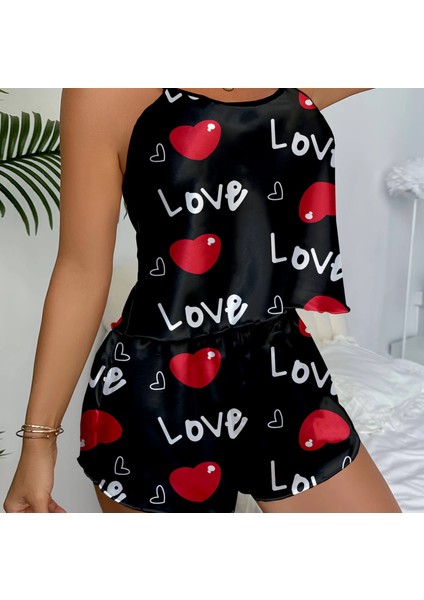 Aşk Temalı Kalp Desenli Siyah Saten Şortlu Gecelik Takım Siyah fiyatları