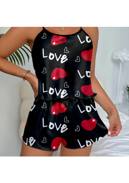 Aşk Temalı Kalp Desenli Siyah Saten Şortlu Gecelik Takım Siyah modelleri