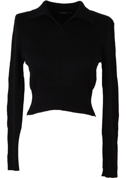 Polo Yaka Crop Siyah Kadın Kazak YSN01