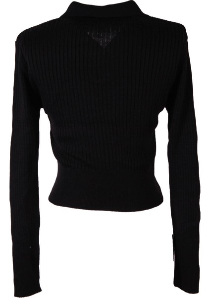 Polo Yaka Crop Siyah Kadın Kazak YSN01 modelleri