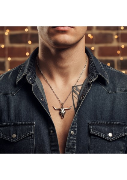 Boğa - Kuru Kafa Gümüş Kaplama Düz Zincir Kolye