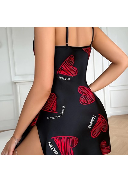 Büyük Kırmızı Kalp Desenli Siyah Saten Gecelik Siyah fiyatları