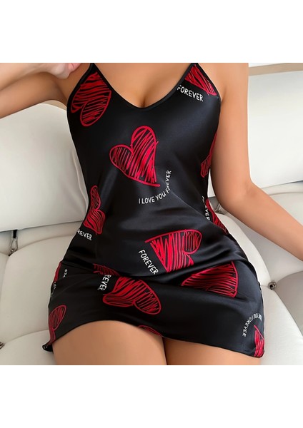 Büyük Kırmızı Kalp Desenli Siyah Saten Gecelik Siyah modelleri