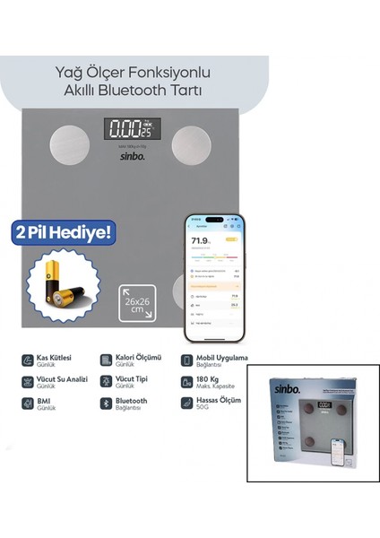 Gri Yağ Ölçer Akıllı Bluetooth Cam Baskül Pilli 180KG/50GR 26X26CM 8-Kişi Hafıza LCD Ekran ℃ Gösterge SBS-4473 (4887)