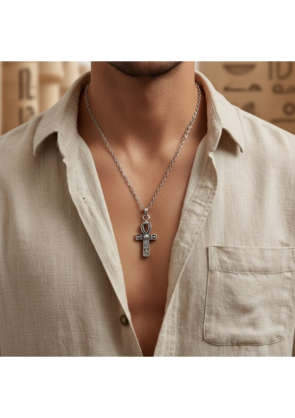 Ankh Anahtarı - Nil'in Anahtarı Gümüş Kaplama Düz Zincir Kolye