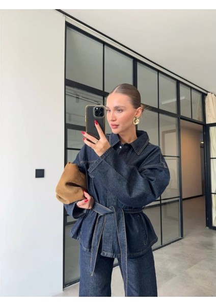 Kadın Bağlamalı Denim Takım Oversize Ceket ve Pantolon