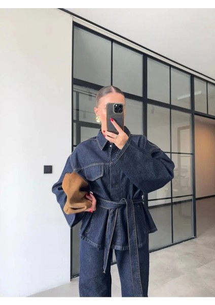 Kadın Bağlamalı Denim Takım Oversize Ceket ve Pantolon fiyatları