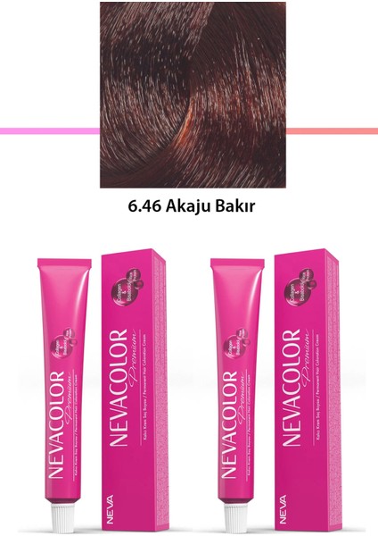 2 Li Set Premium 6.46 Akaju Bakır - Kalıcı Krem Saç Boyası 2 x 50 G Tüp