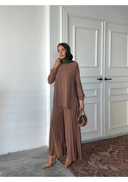 Tesettür Piliseli Pantolon Tunik Sandy Ikili Takım
