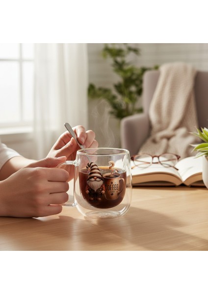 2 Adet Çift Cidarlı Baskılı Cam Kupa Bardak Double Wall Kulplu Bardak 250 ml