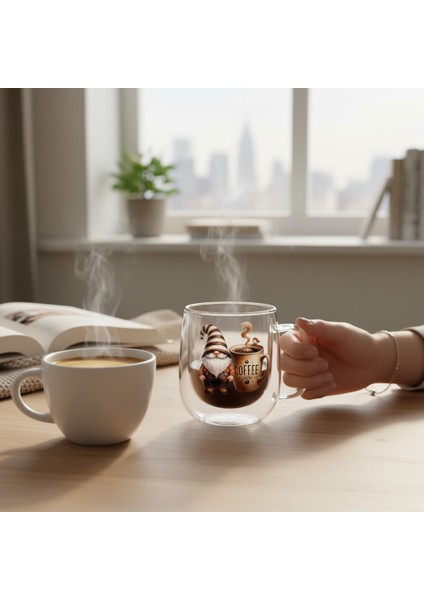2 Adet Çift Cidarlı Baskılı Cam Kupa Bardak Double Wall Kulplu Bardak 250 ml modelleri