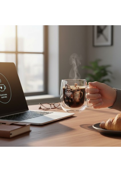 2 Adet Çift Cidarlı Baskılı Cam Kupa Bardak Double Wall Kulplu Bardak 250 ml fırsatları