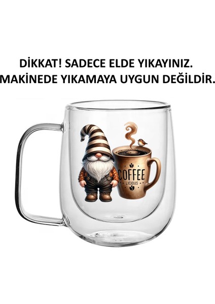 2 Adet Çift Cidarlı Baskılı Cam Kupa Bardak Double Wall Kulplu Bardak 250 ml