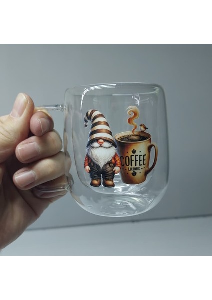 2 Adet Çift Cidarlı Baskılı Cam Kupa Bardak Double Wall Kulplu Bardak 250 ml