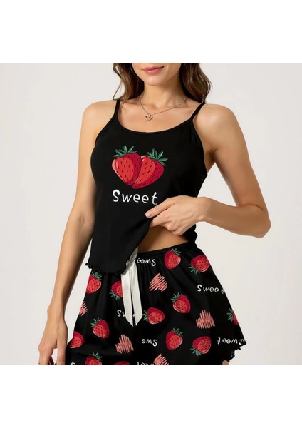 Çilek Baskılı Siyah Askılı Şortlu Pijama Takımı Siyah fiyatları