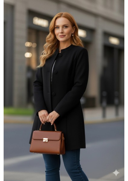 Mdb Kadın Uzun Kollu Yakalı Önü Düğmeli Ithal Kaşe Astarlı Kaban