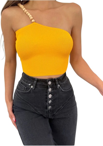 Ahşap Boncuk Detaylı Bluz-Turuncu