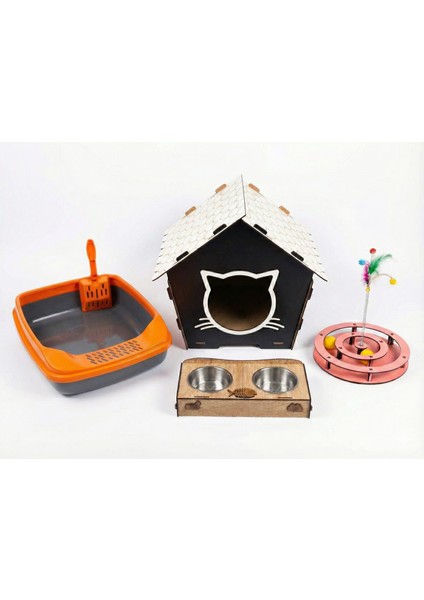 Ikonixpet 4'lü Kedi Başlangıç Seti: Ahşap Kedi Evi, Kedi Tuvaleti, Çelik Mama Kabı ve Oyun Parkuru