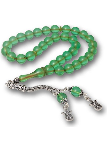 Hk Sıkma Kehribar Tesbih Gümüş Püsküllü Yeşil Yuvarlak |gümüş Takı Hediyelik Ürünler